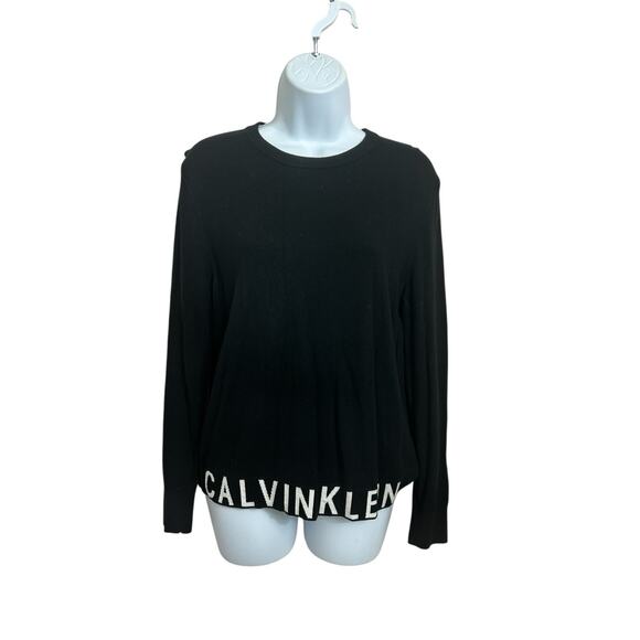 Calvin Klein Jeans Black Sweater Women's Sz M Hem Spell-Out Pullover Top - Picture 6 of 7